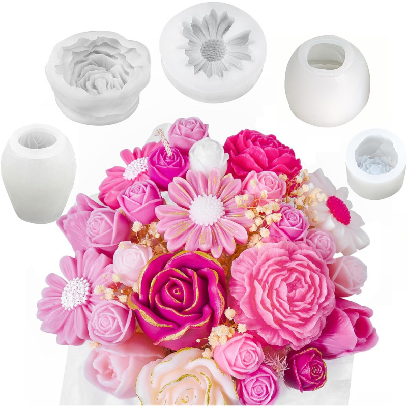 Candle Making For Beginners - 5-delige bloemkaarsvormset, 3D bloemvormige siliconen kaarsvorm,